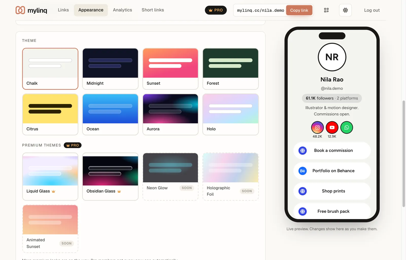 The mylinq theme picker with Chalk, Midnight, Sunset, Forest and other themes