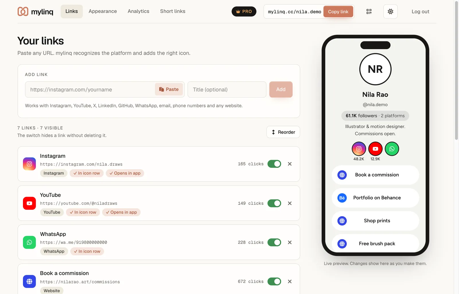 The mylinq links editor with Instagram, YouTube and WhatsApp in the icon row and click counts per link