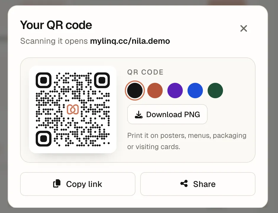The mylinq QR code dialog with colour choices and a Download PNG button